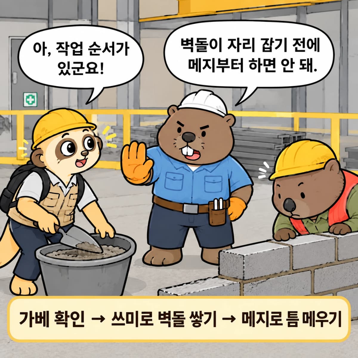 벽돌이 자리 잡기 전에 줄눈 작업부터 하려는 미어캣을 멈추고 작업 순서를 알려주는 비버 반장