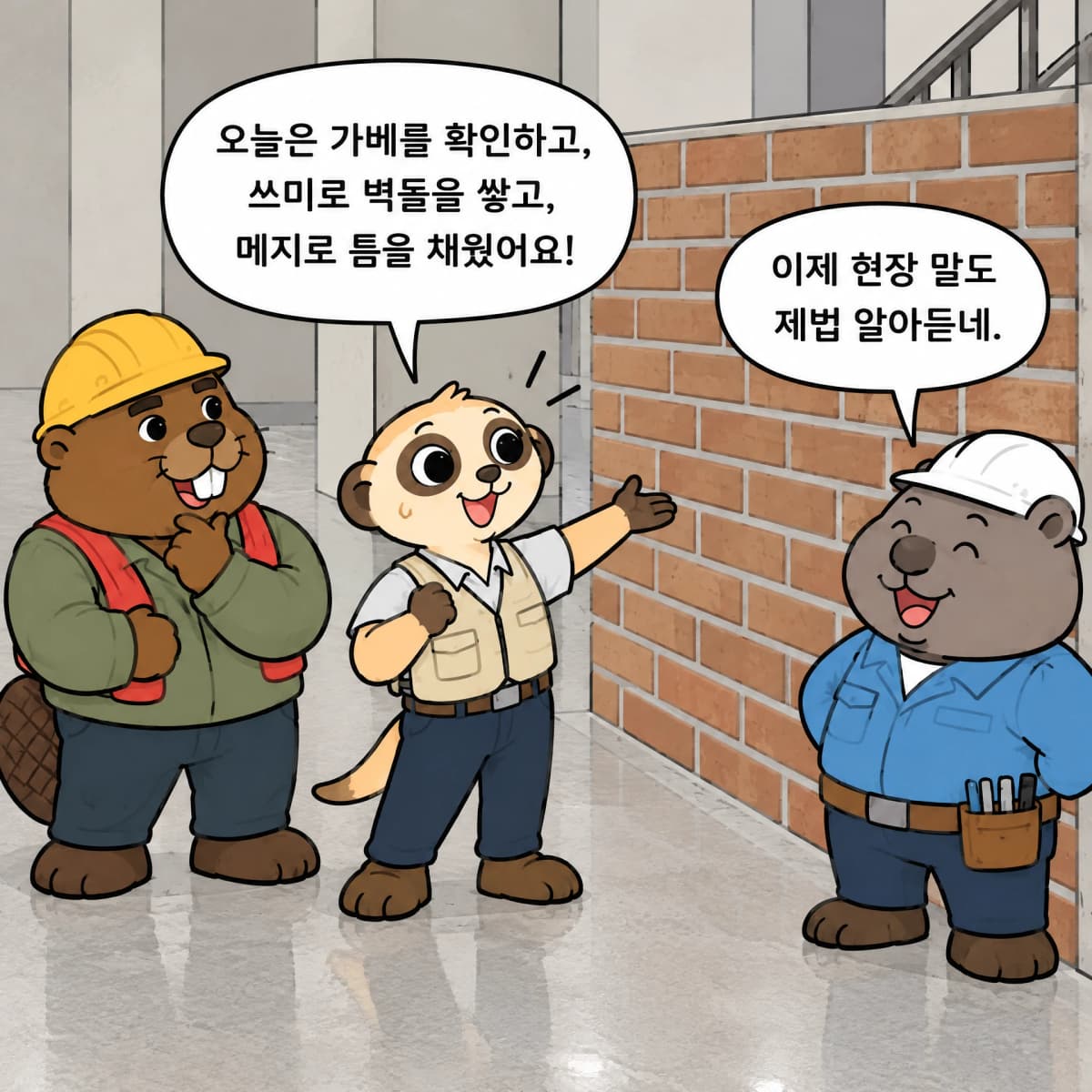 벽돌 쌓기와 줄눈 마감을 마친 벽면을 함께 확인하며 배운 용어를 정리하는 세 캐릭터