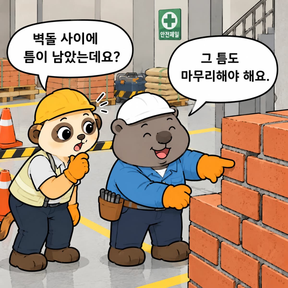 벽돌을 쌓은 뒤 벽돌 사이에 이어진 틈을 발견하고 질문하는 미어캣 초보