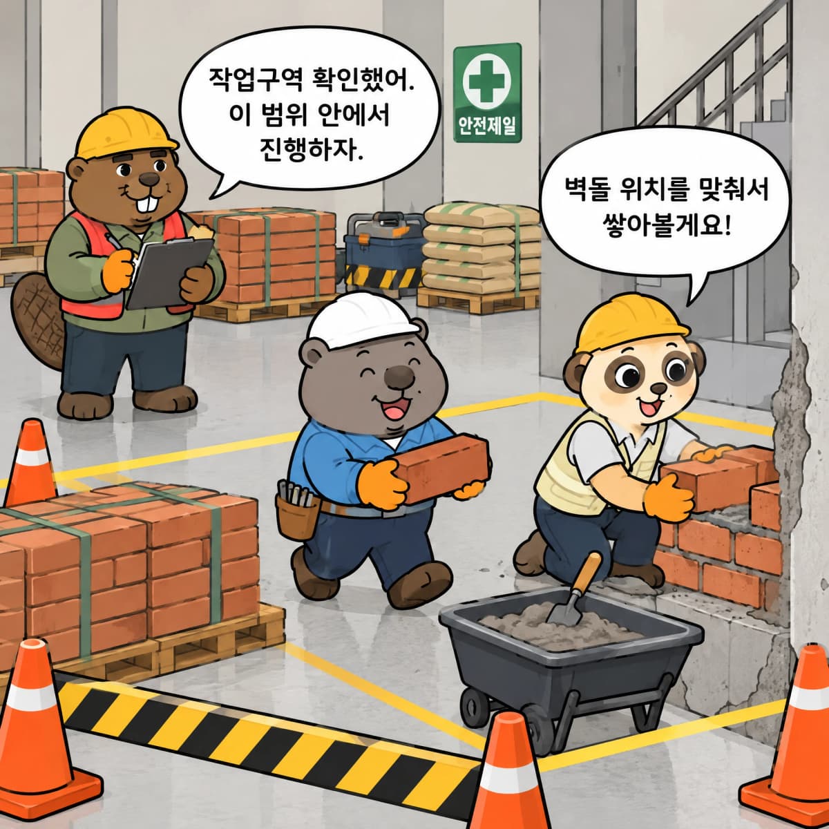 비버 반장이 작업구역을 확인하고 웜벳과 미어캣이 정해진 범위에 벽돌을 쌓는 장면