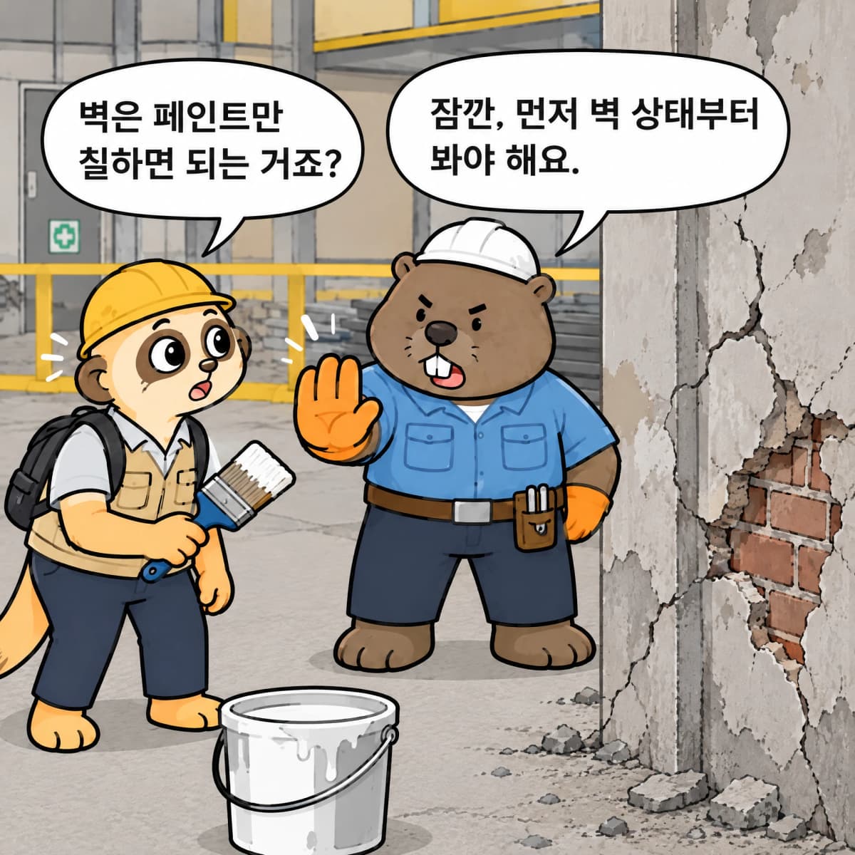 페인트만 칠하면 된다고 생각한 미어캣을 멈추고 벽 상태부터 확인하자는 웜벳 선배