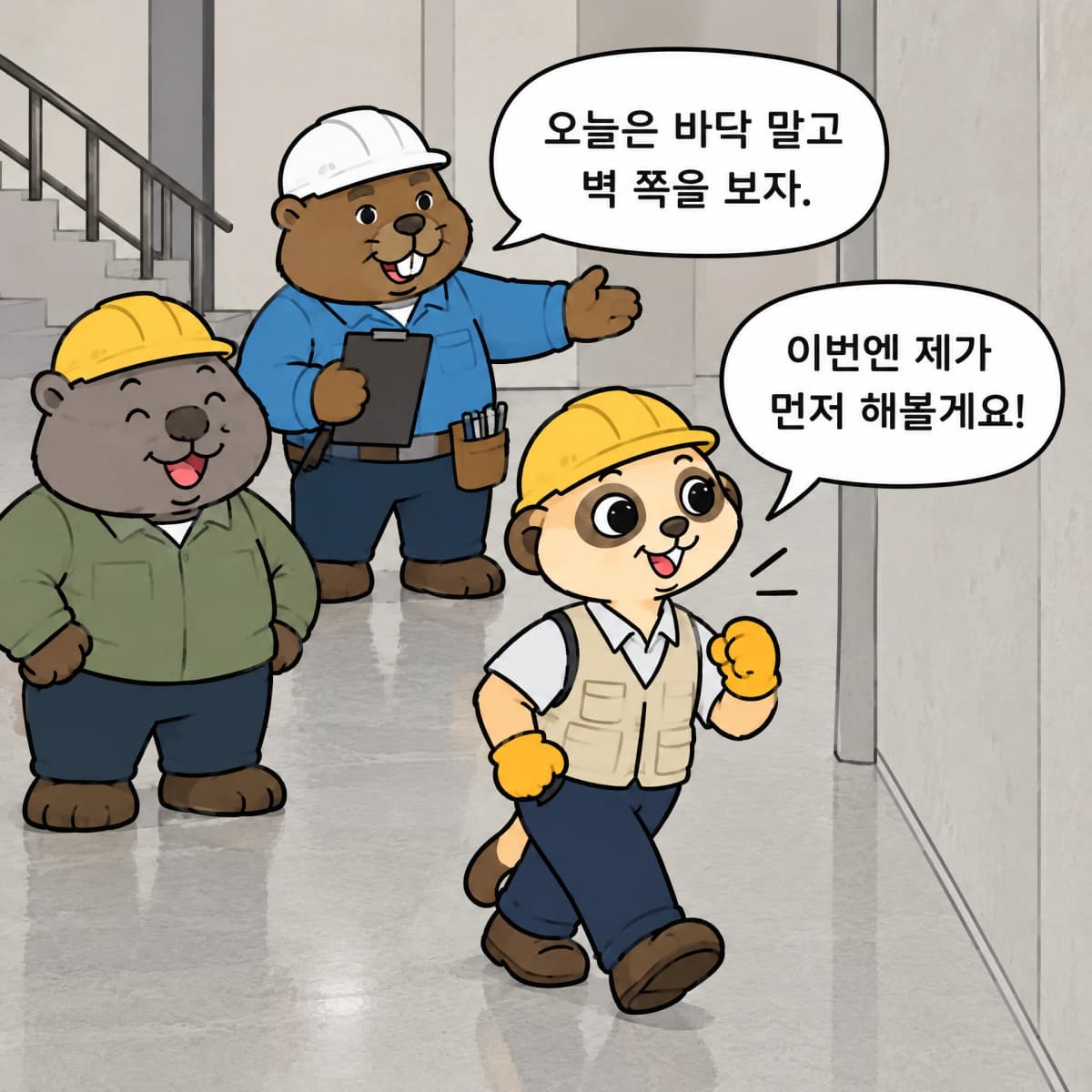 바닥 작업을 마친 뒤 벽 쪽을 살펴보자는 비버 반장과 자신 있게 나서는 미어캣 초보