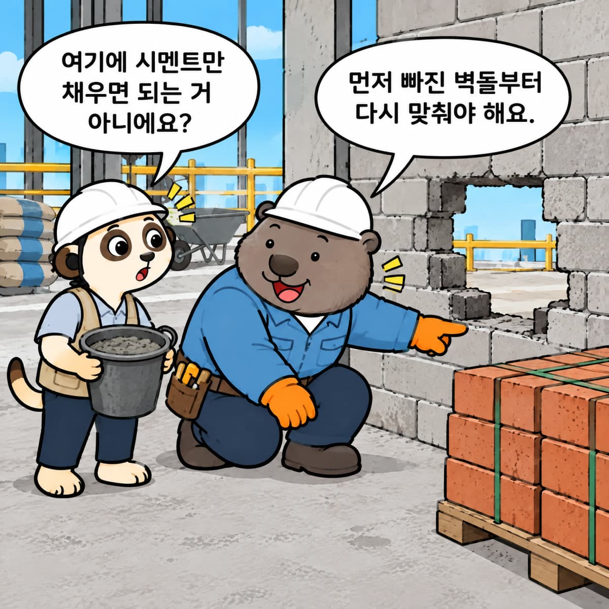 벽돌이 빠진 공간을 재료로 채우려는 미어캣에게 먼저 벽돌을 맞춰야 한다고 알려주는 웜벳