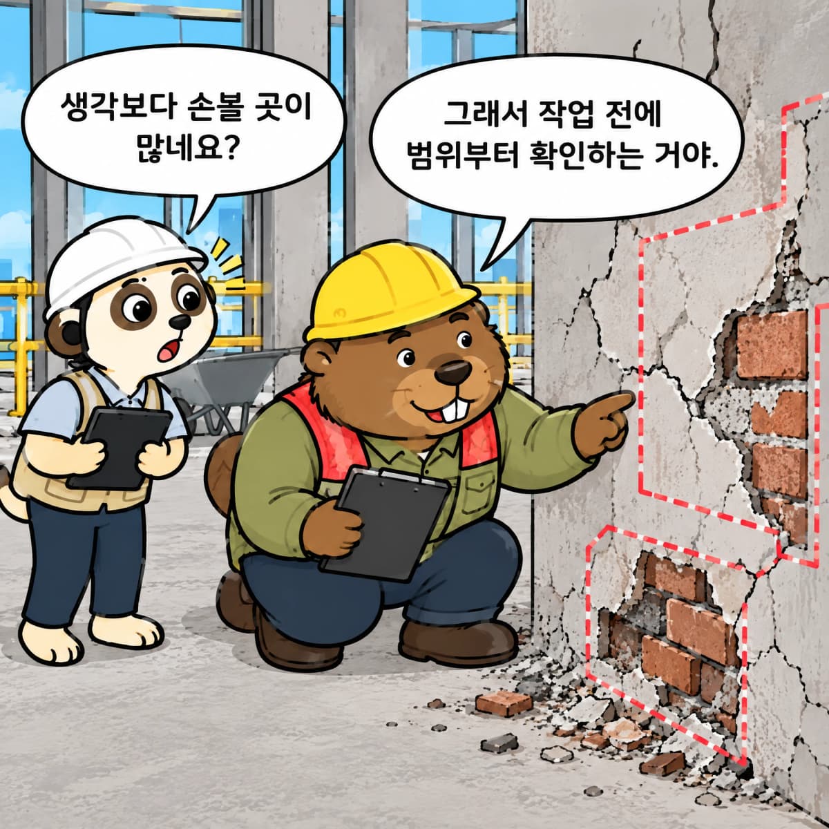 벽면의 깨진 부분과 빠진 벽돌을 살펴보며 작업 범위를 확인하는 세 캐릭터