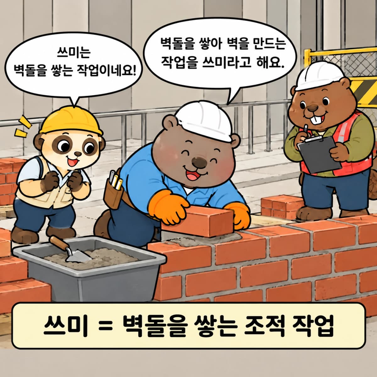 벽돌을 쌓아 벽을 만드는 쓰미 작업을 보여주는 웜벳 선배와 이를 배우는 미어캣
