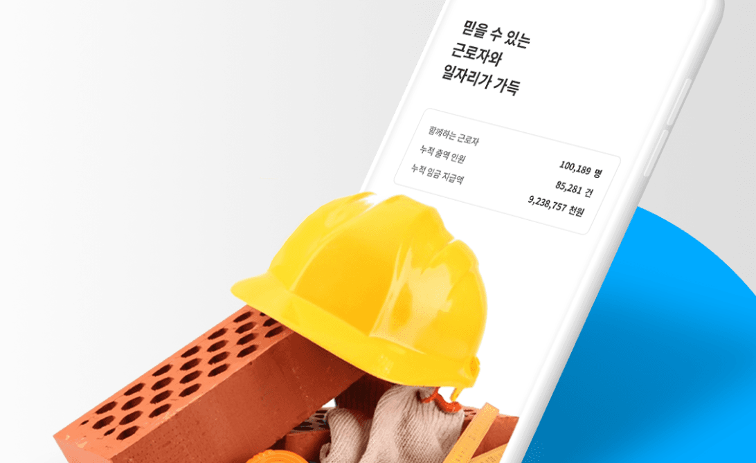 안전모를 쓴 건설 노동자와 벽돌·목재 등 건설 자재, 근로자와 일자리가 가득이라는 제목 텍스트