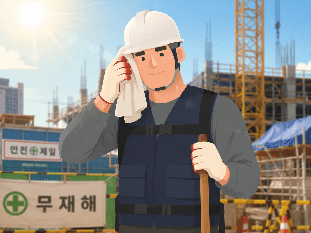 가다맨이 무더운 여름 건설현장에서 일하고 있다